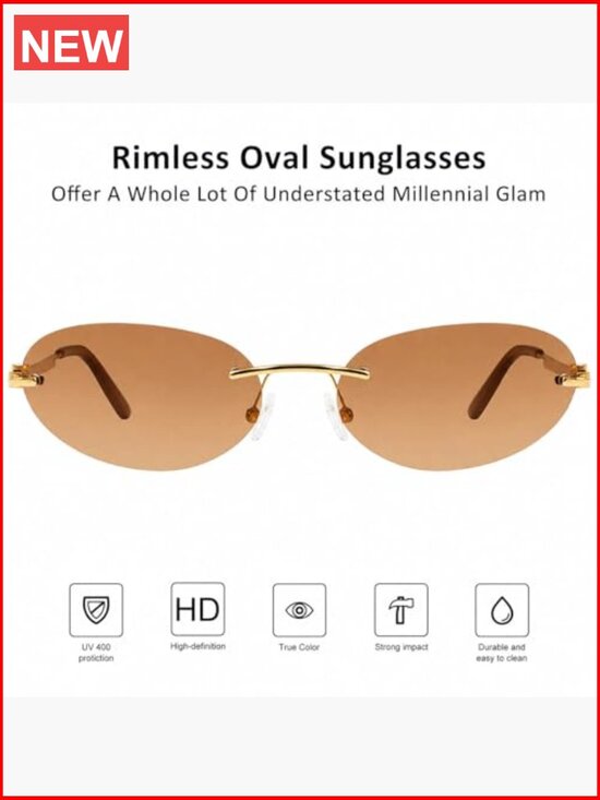 Y2K Oval Rimless Sunglasses for Women Men Mod Hacker UV400 Protection